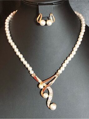 Gold Faux Pearl Rhinestone Necklace Earrings Set Formal Prom Bridesmaids